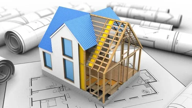 A 3D model of a house showing construction stages, with a blue roof