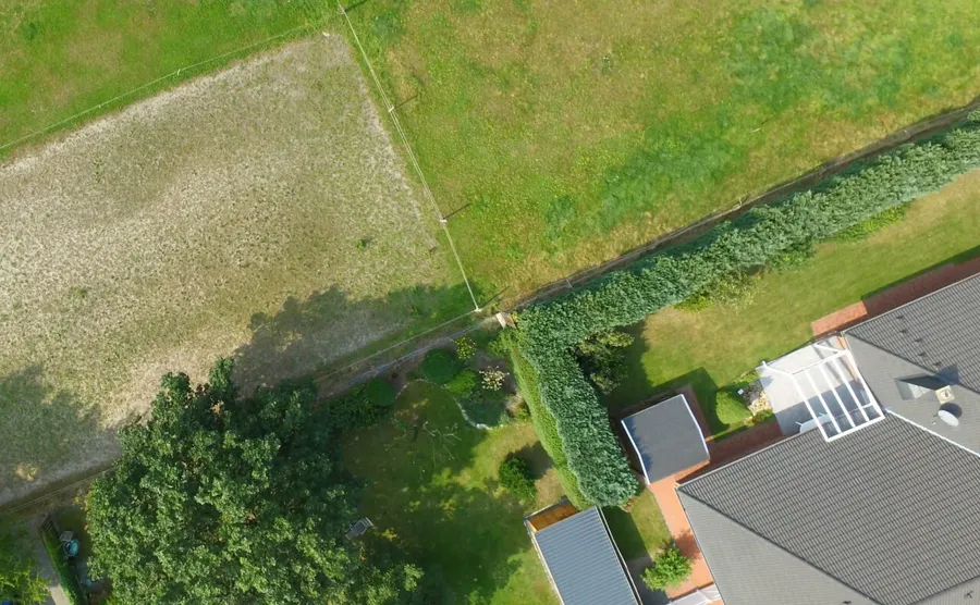 Aerial view of a grassy field, trees and a house