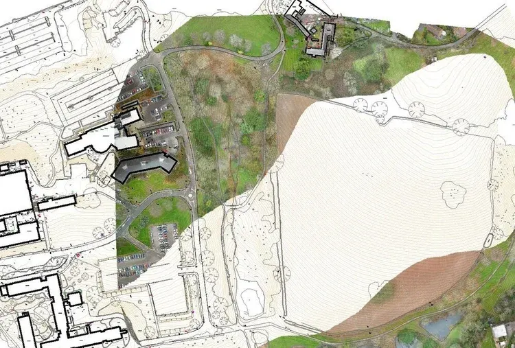 Topographical survey plan overlaid on an aerial map