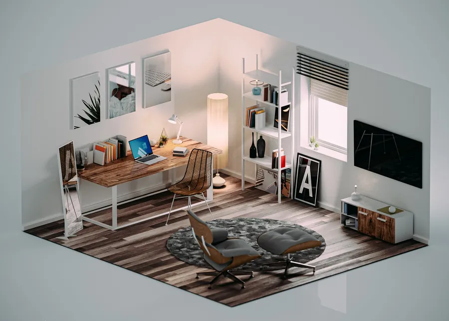 3D model of a modern home office with wooden desk, laptop and chair